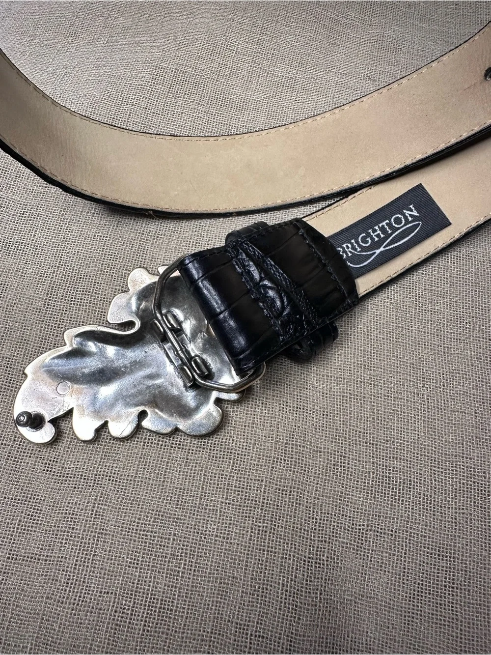 BRIGHTON Black Embossed Leather Belt Silver Leaf Buckle EUC